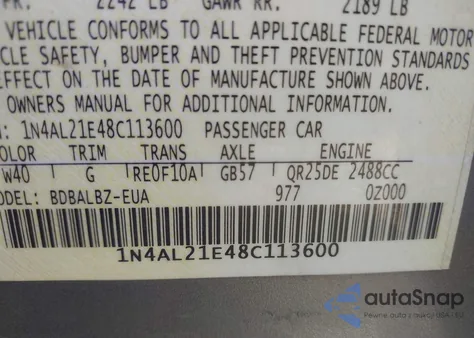 2008 Nissan Altima 2.5 S из США, поврежденный, VIN 1N4AL21E48C113600